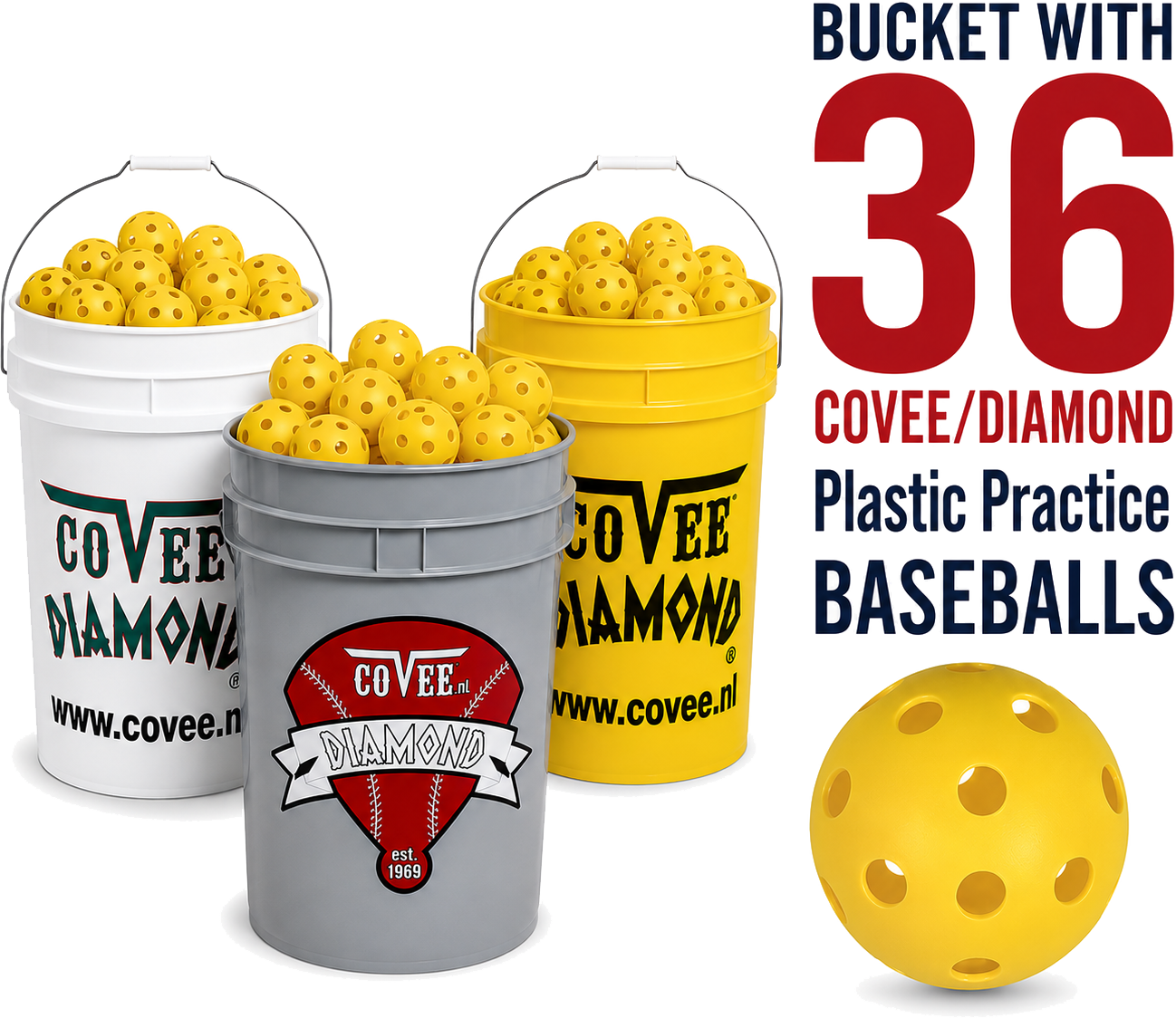 Covee/Diamond CD-PPB-9: Palla da baseball da allenamento in plastica (secchio/36)